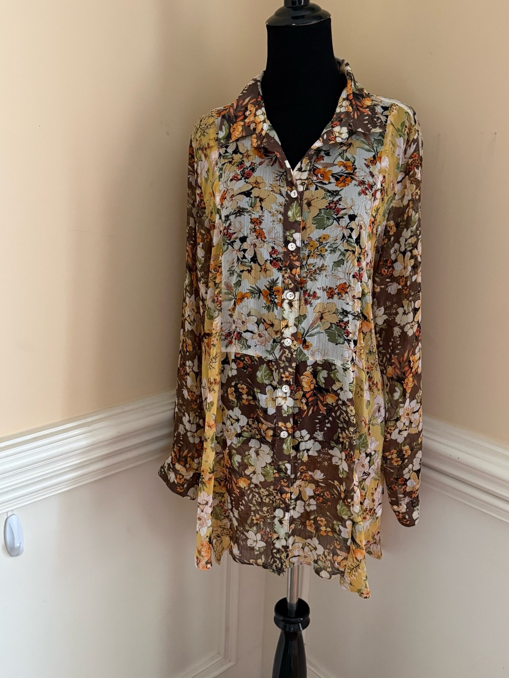 Anthropologie Fig & Flower Floral Button-Front Tunic Dress in Brown & Yellow XL